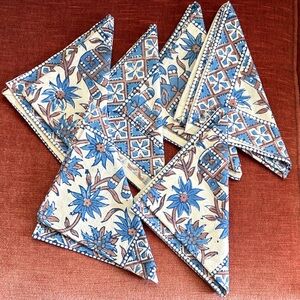 Blue Floral Block Print Cotton Napkin 6 pc Set Home Dining Made in India 12x12